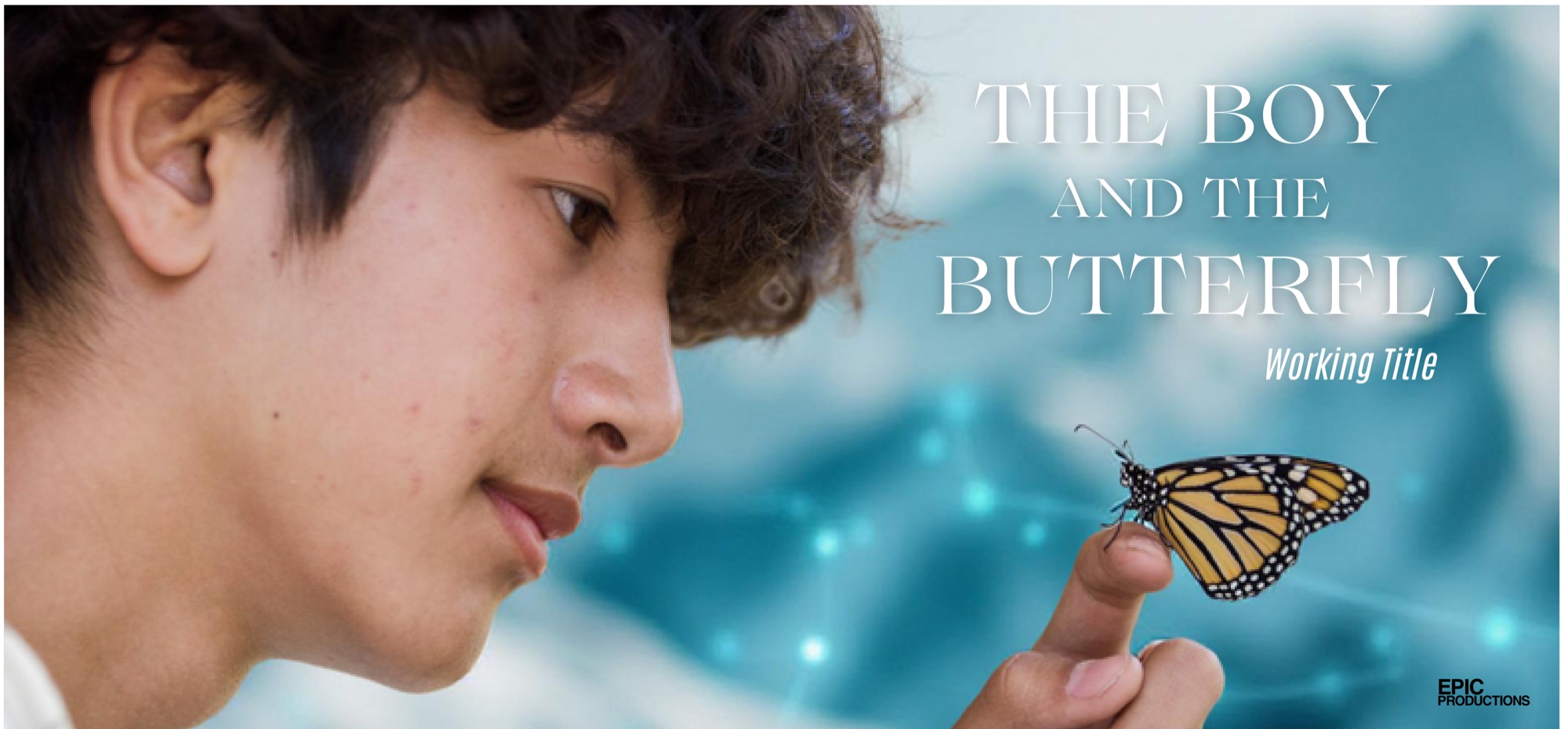 Charlie Lin in profile, a monarch butterfly resting on his fingertip against a field of teal neural connections.